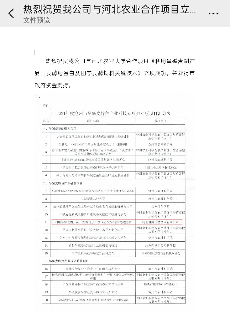 熱烈祝賀我公司與河北農業大學合作項目《利用旱堿麥副產品開發酵母蛋白及固態發酵飼料關鍵技術》立項成功,并獲得市政府資金支持。